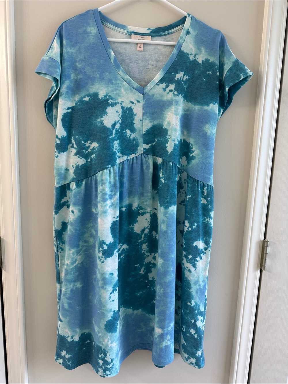 Como Vintage Blue & Teal Tie-Dye V-Neck Casual Dress